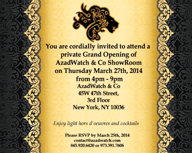 AzadWatch NYC Grand Opening Invitation March 27, 2014